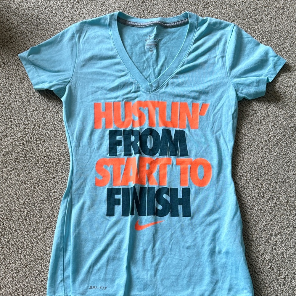 Nike Light Blue V-Neck Tee with Orange & Navy Graphic